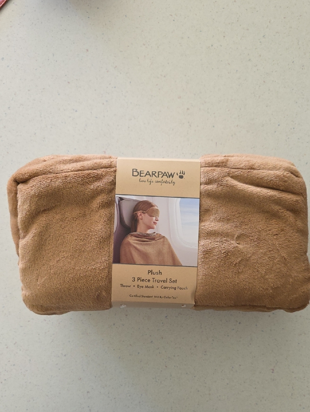 BearPaw Plush 3-Piece Travel Set - Camel - Throw, Eye Mask, Carrying Pouch - NEW